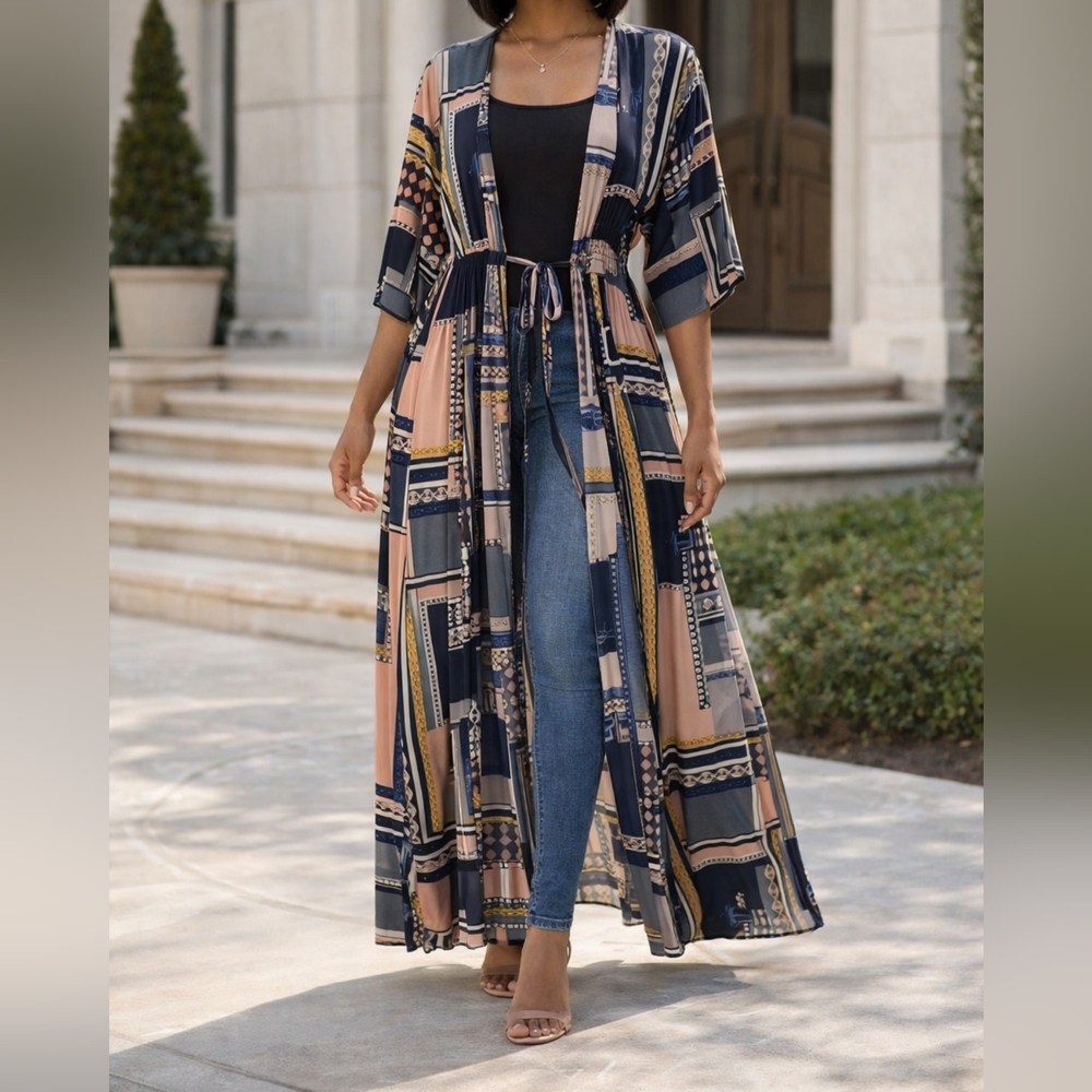 Fn Women's Geometric Patchwork Patterned Open Fro… - image 1